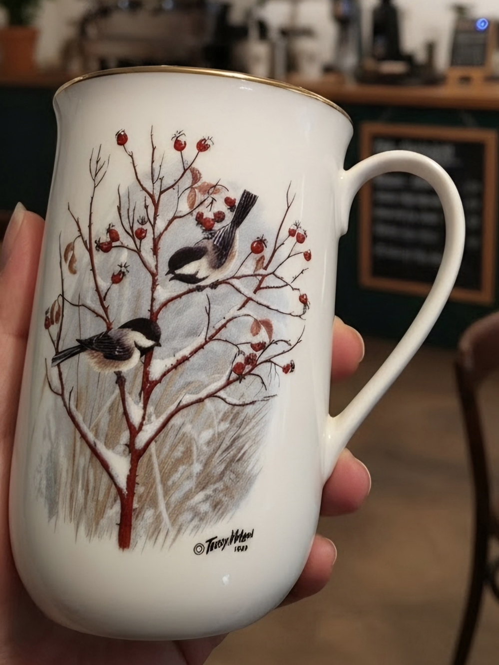 Vintage Terry McLean Winter Chickadee Porcelain Mug - White with Red Accents